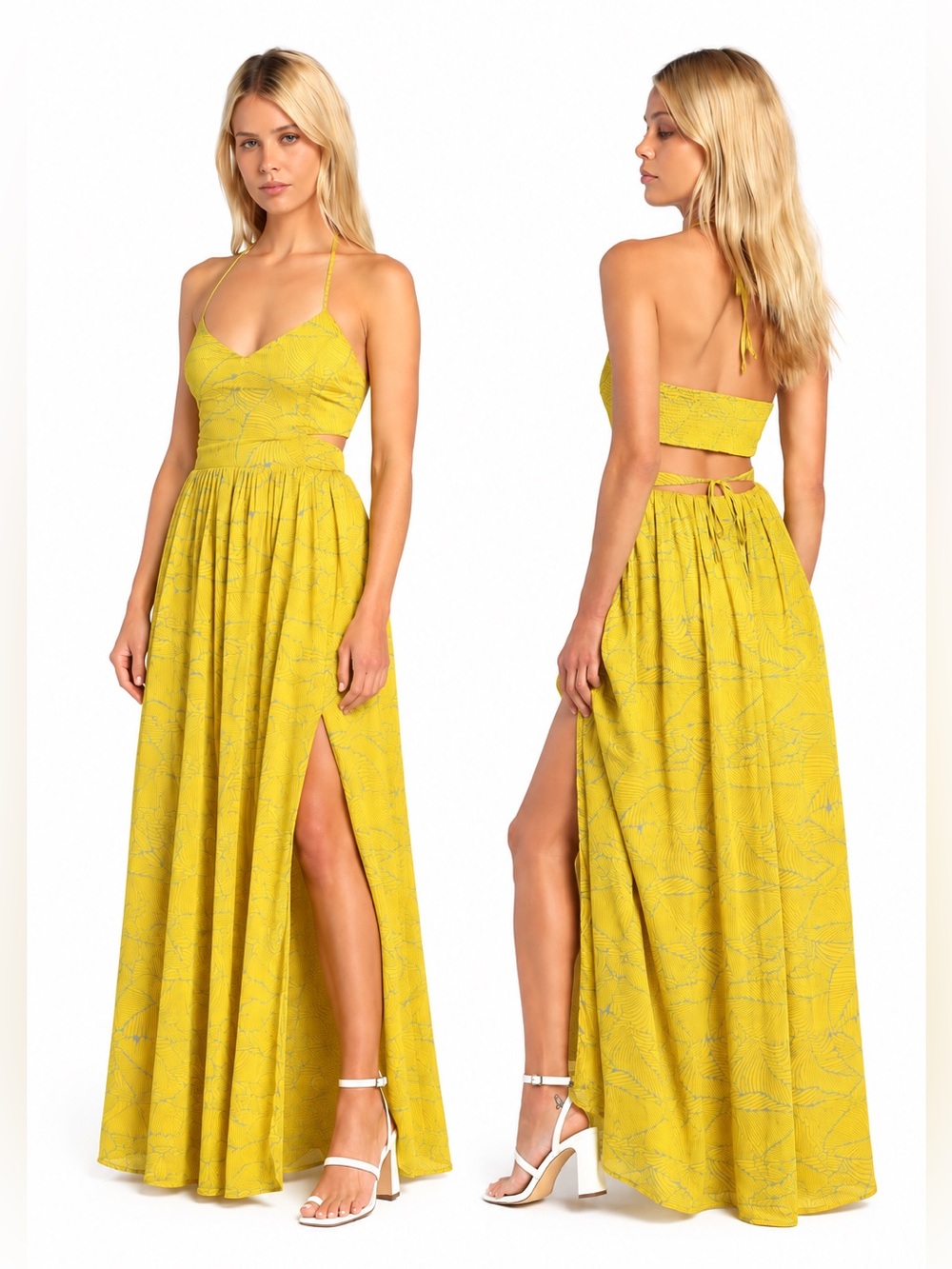 Lulus Balmy Beauty Yellow Tropical Print Halter Cutout Maxi Dress